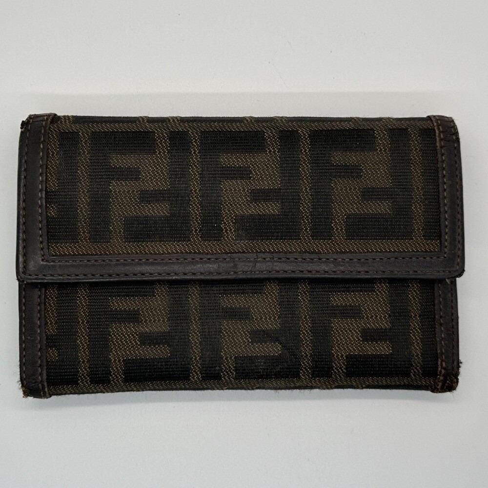 Fendi Zucca Print Canvas Leather Trim Bi‎ Fold Wallet Brown Authentic Designer
